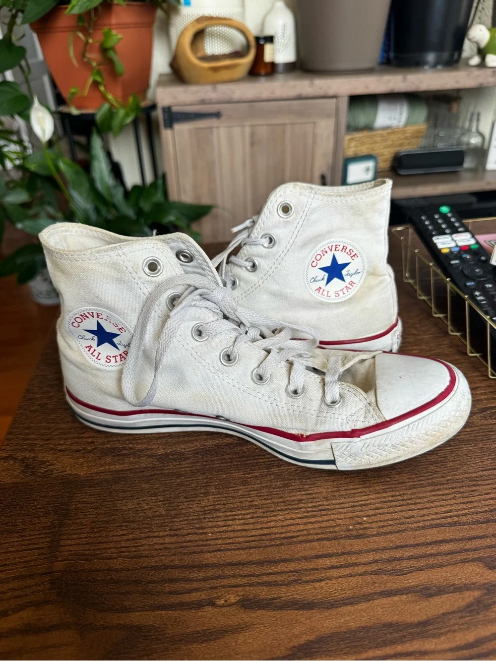 Converse White High-Top Sneakers with Red Trim